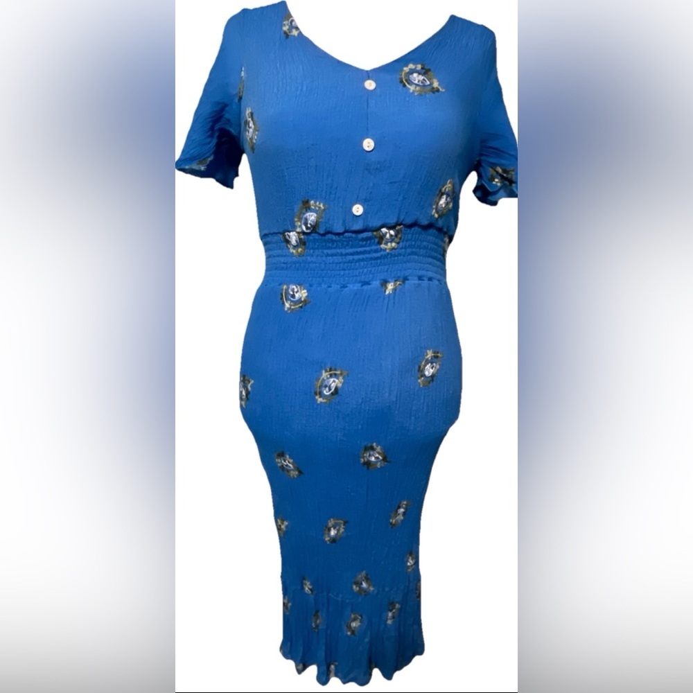 Kindred Anthropologie Blue Crinkle Midi Dress Floral Embroidered Boho Large